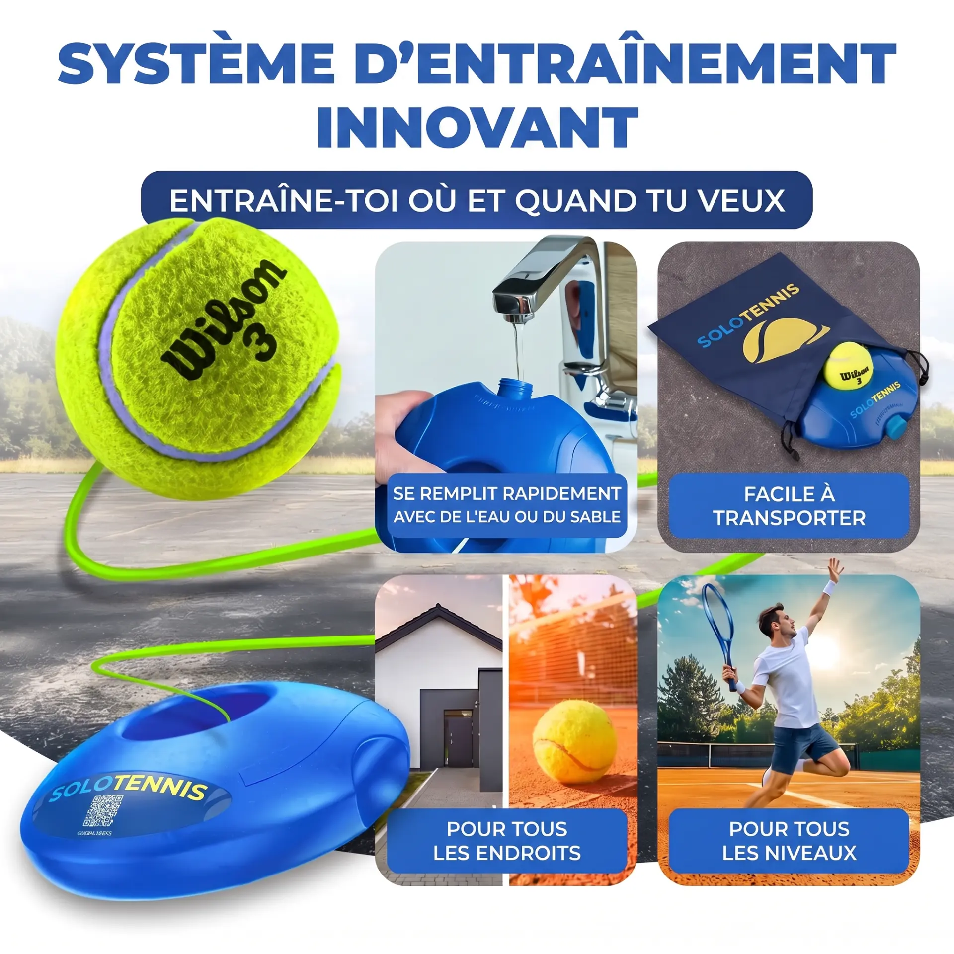 Système d'entraînement SoloTennis : se remplit d'eau ou de sable, facile à transporter, pour tous les niveaux